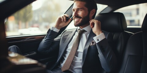 Wall Mural - Businessman in a suit is sitting in the back seat of a car and talking on mobile phone