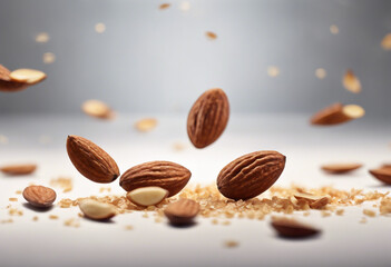 Flying almonds and almond pieces cut out