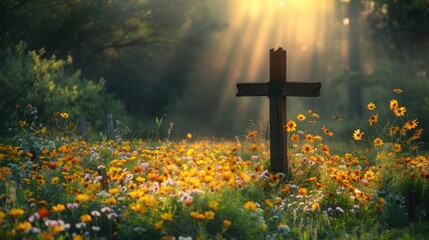Wall Mural - A picturesque Easter sunrise service setting, with a rustic wooden cross, blooming wildflowers