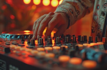 a man's hand is playing an actual dj mixer