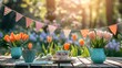 A festive Easter garden party setting, with cheerful bunting, dainty teacups