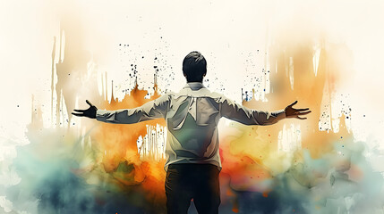 Wall Mural - Back view of a man in worship on watercolor background.