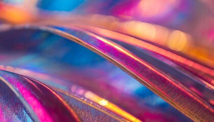 close up of ethereal bright neon pink magenta orange blue purple holographic metallic foil background abstract modern curved blurred surreal futuristic disco rave techno festive backdrop