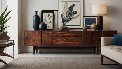 Wall Mural - Exotic wood credenza and carefully curated accessories elevating a white living room interior.