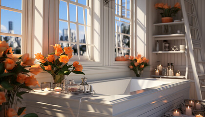 Wall Mural - Modern apartment with bright, comfortable kitchen elegant vase of fresh flowers generated by AI