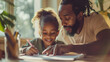 © Annemarie - African american father doing homework with his daughter. Black dad helping kid to learn and study for school. Family portrait.