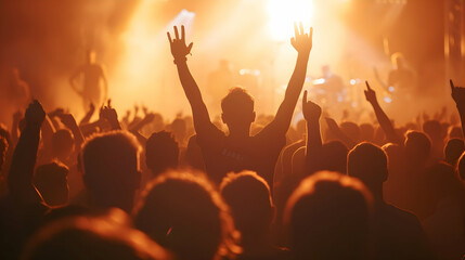 man dancing with hands in the air in front of big stage at a cool rock music festival. Person dancing in the crowd with hand up at a live concert.