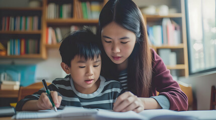 Asian mother doing homework with her son. Japanese mum helping kid to learn and study for school. Family portrait. 