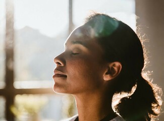 Poster - Serene Latin Woman in Sunlit Room Practicing Mindfulness. A tranquil image woman with closed eyes, basking in sunlight, exuding peace and relaxation through breathwork or meditation,