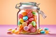 Generative ai. a glass jar filled with lots of colorful candies, large sweet jars on shelves, candy treatments, candies