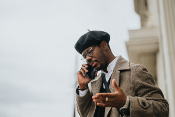 Wall Mural - A fashionably dressed male professional is actively speaking on the phone, gesturing with his hand, outdoors with a soft-focused architectural background.