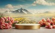 Product podium for product presentation and display with garden summer, spring flowers, tulips, floral summer background podium for cosmetic, with nature and mountain in the background. Generating AI 