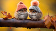 A pair of cute sparrows in charming knitted hats, sitting on a tree branch amidst the beauty of autumn.