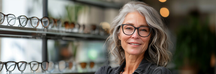 Wall Mural - Caucasian woman tries on fashionable eyeglasses in eyeglasses store.