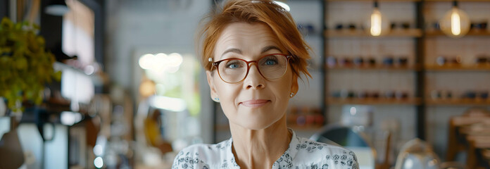 Wall Mural - Caucasian woman tries on fashionable eyeglasses in eyeglasses store.