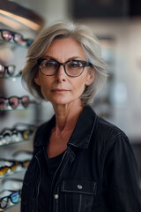 Wall Mural - Caucasian woman tries on fashionable eyeglasses in eyeglasses store.