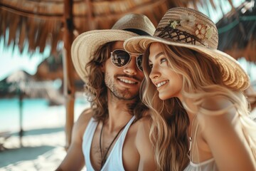 Wall Mural - A beautiful couple enjoying their holiday at beautiful resort at tropical beach