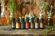 A collection of essential oil bottles with herbs on a rustic wooden background.