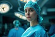 A healthcare worker wearing a surgical gown looks directly at the camera during an operation.