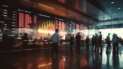 People looking at digital stock market display