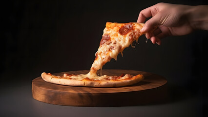 Wall Mural - Here's a delicious pepperoni pizza. Lift it up so that the pizza cheese can stretch. It tastes fantastic.