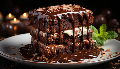 Wall Mural - Freshly baked chocolate cake with dark chocolate icing and whipped cream generated by AI