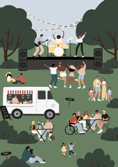 Wall Mural - Open-air concert at music festival poster, musicians performing on stage card, people dancing, enjoying drink at food truck, having fun in park vector illustration, characters spending time outdoors.