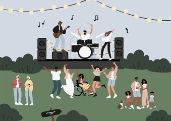 Wall Mural - Open-air concert at music festival poster, musicians performing on stage card, people dancing, enjoying drink at food truck, having fun in park vector illustration, characters spending time outdoors.