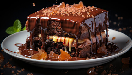 Wall Mural - Homemade chocolate dessert, a slice of sweet indulgence on plate generated by AI