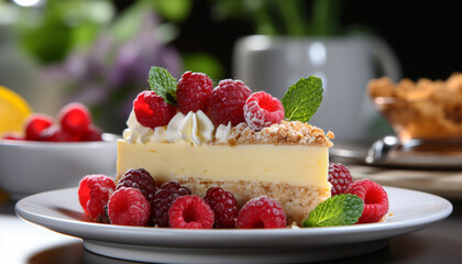 Wall Mural - Fresh berry dessert on wooden plate with mint leaf garnish generated by AI