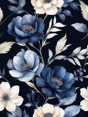 Wall Mural - Midnight blue floral wallpaper. Watercolor dramatic flowers. 