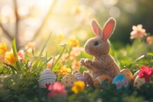 Happy Easter Eggs Basket Nectar. Bunny In Flower Easter Lavender Blue Decoration Garden. Cute Hare 3d Pattern Easter Rabbit Spring Illustration. Holy Week Easter Lamb Card Wallpaper Carnation