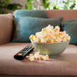 Popcorn on the couch prepared for eating while watching a movie at home