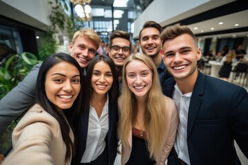 Wall Mural - Cheerful business people standing at a modern office