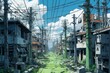 Immersive Power lines village anime visual novel game. Pylon supply. Generate Ai