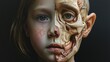 Half-Face Portrait of Child and Anatomical Skull Illustration Showing Muscular Structure
