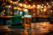 St. Patrick's Day Celebration: Beer Mug and Leprechaun Hat on Bar Table