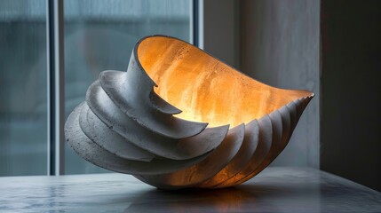 Poster - Sculpture of glowing seashell made of wood and concrete in the interior
