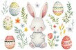Happy Easter Eggs Basket rebirth. Bunny in flower easter easter sunday decoration Garden. Cute hare 3d royal blue easter rabbit spring illustration. Holy week playful card wallpaper springtime