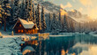 Beautiful view of lake with snow covered and wooden lodge, rocky mountains and pine forest on winter.
