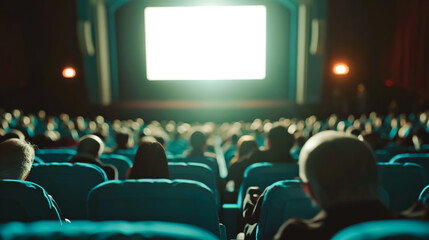 Cinema blank screen and people in blue chairs in the cinema hall. Blurred People silhouettes watching movie performance.