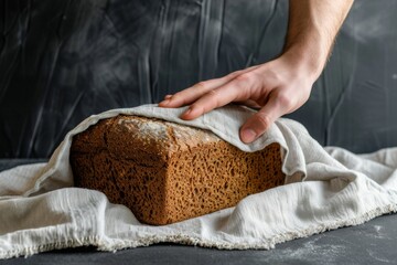 Wall Mural - Freshly baked rye wheat bread placed on a cotton towel by male hands Dark background banner with space for text