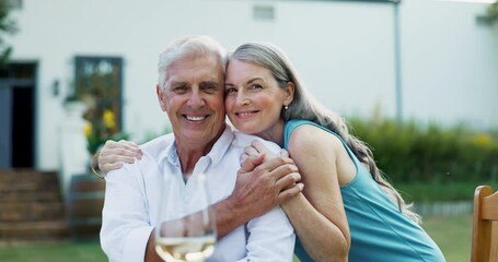 Canvas Print - Senior, couple and face outdoor with hug for anniversary date, retirement lunch and bonding in garden. Elderly, man and woman or portrait with wine, fruit and happiness for brunch, relax and embrace