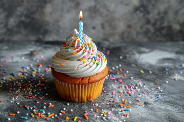 Poster - Delicious cupcake with candle on gray backdrop