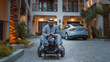 Arabic man driving a self driving electric whellchair in the city, looking on phone against his mansion and car.