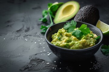 Wall Mural - Closeup of flavorful guacamole avocado and lime in a bowl on a dark background