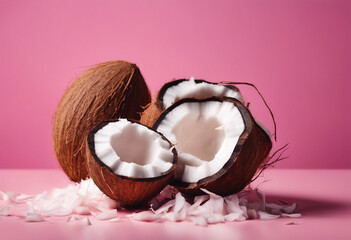 Wall Mural - Fresh coconut pieces on a pink background Hair care spa concept