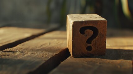 Poster - A wooden block with a question mark symbol on it. Can be used to represent uncertainty or as a visual aid for quizzes, puzzles, or educational materials