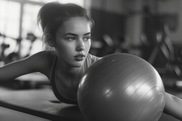 Wall Mural - A woman is pictured laying on a mat with a ball. This image can be used for fitness and exercise-related content