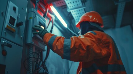 Poster - A man in safety gear is seen working on a machine. This image can be used to depict industrial work or maintenance activities
